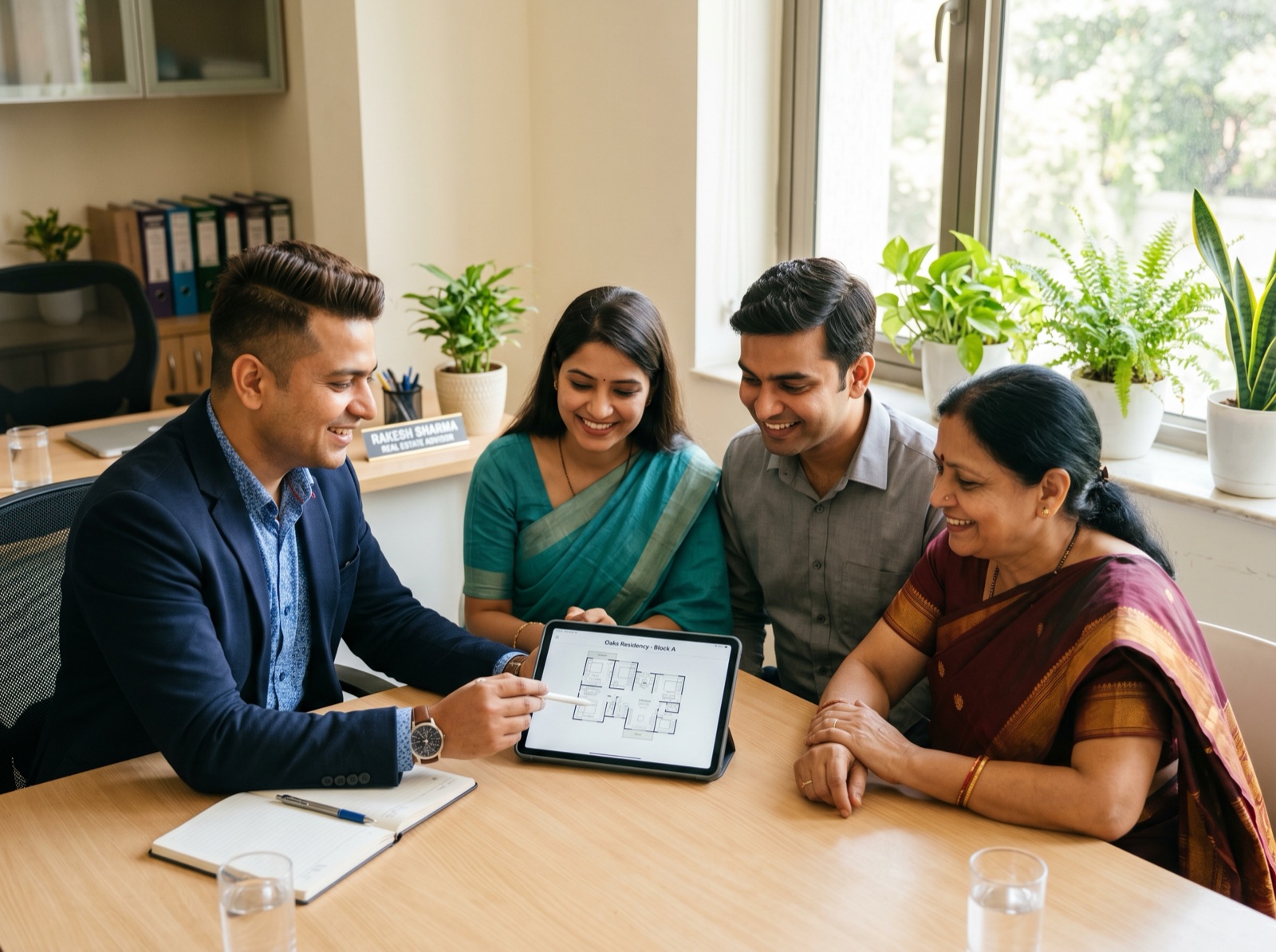 A Zora Infra advisor explaining a property layout to an Indian family