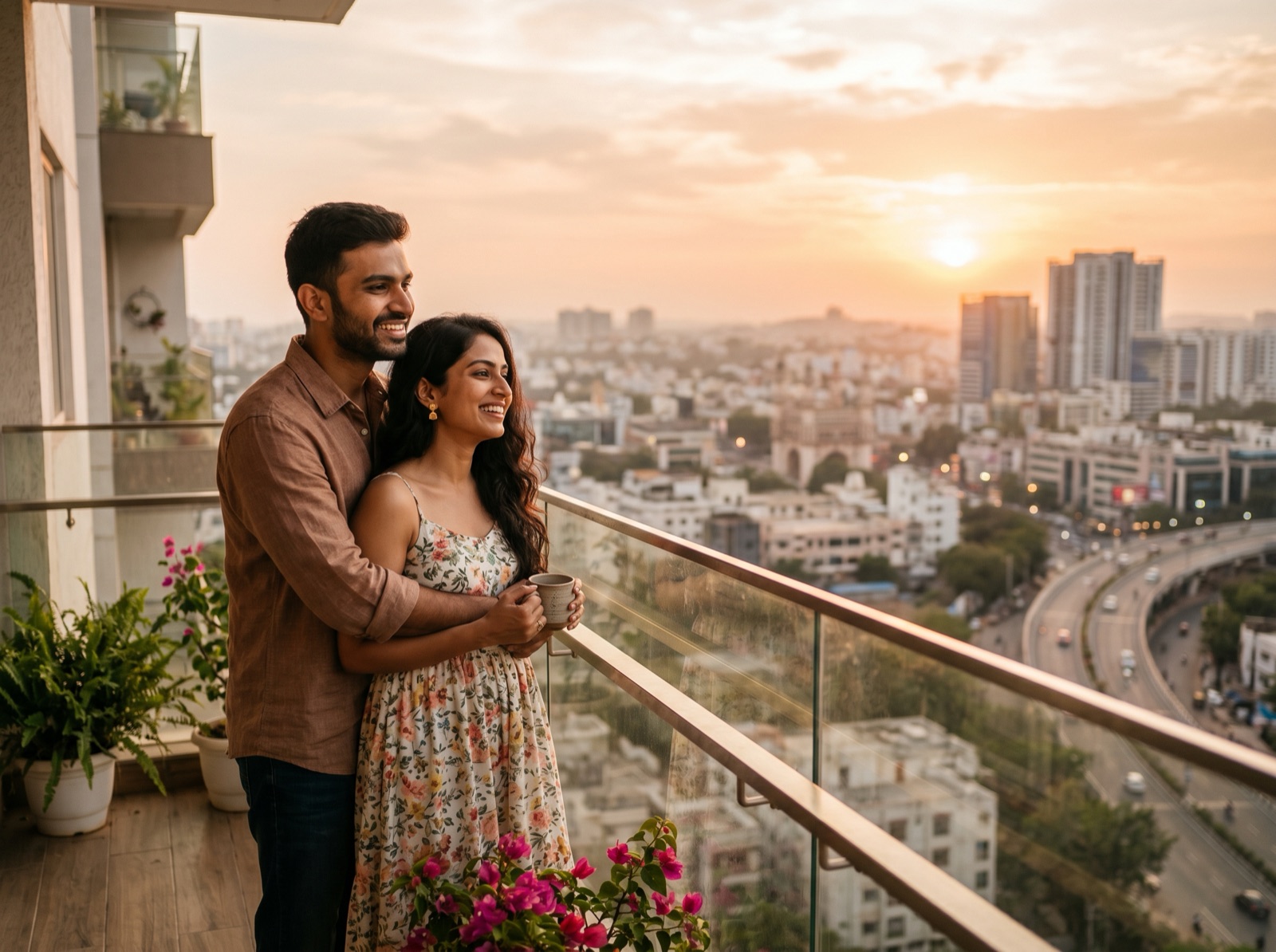 A couple looking out over Hyderabad from their new balcony