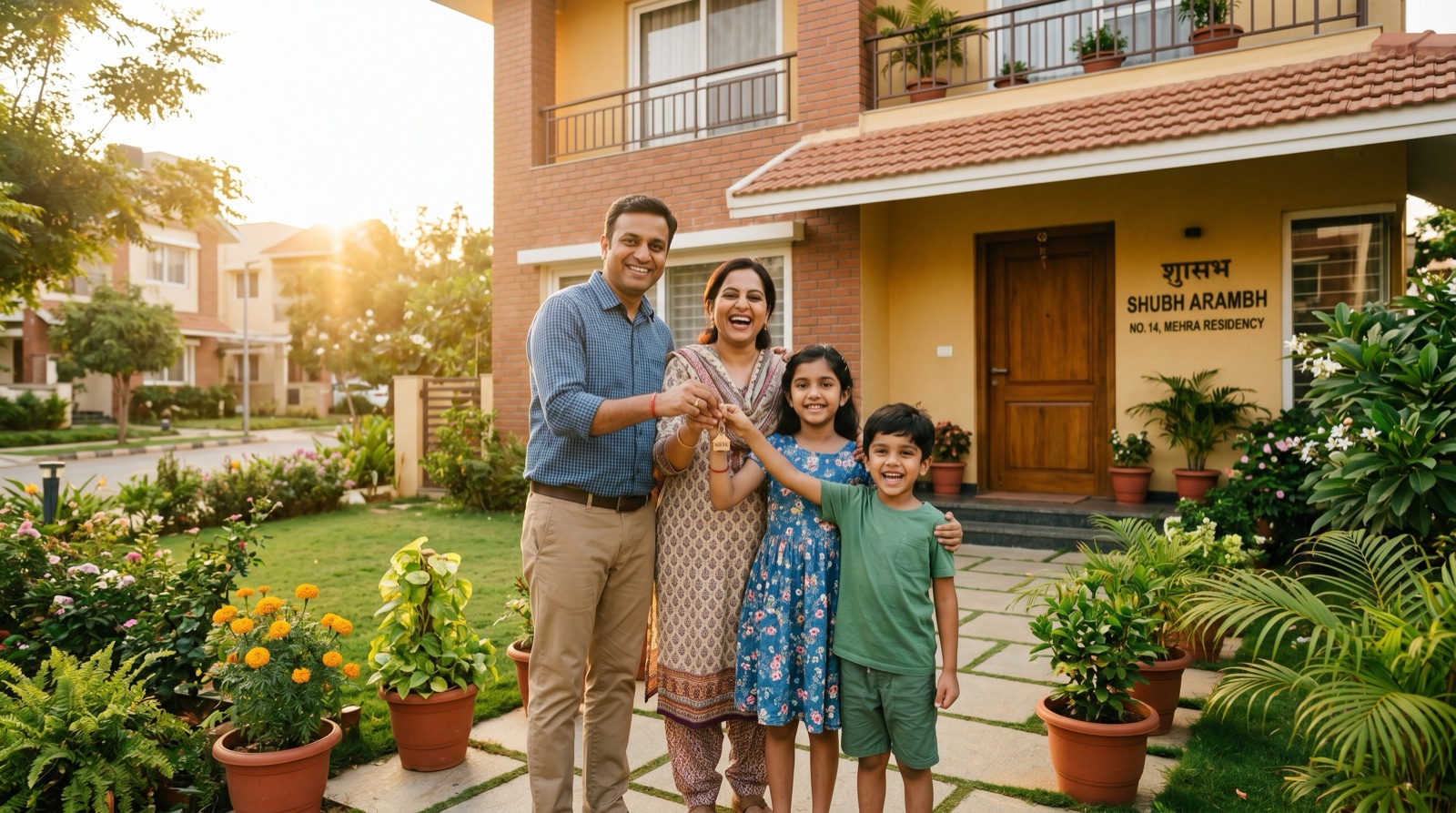 A happy family outside their new home in Hyderabad