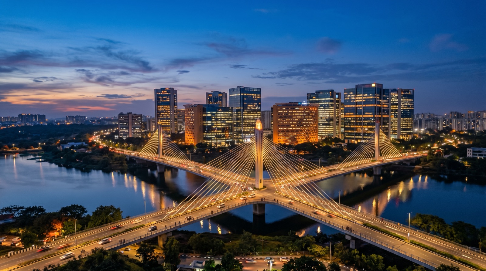 The HITEC City skyline of Hyderabad at dusk