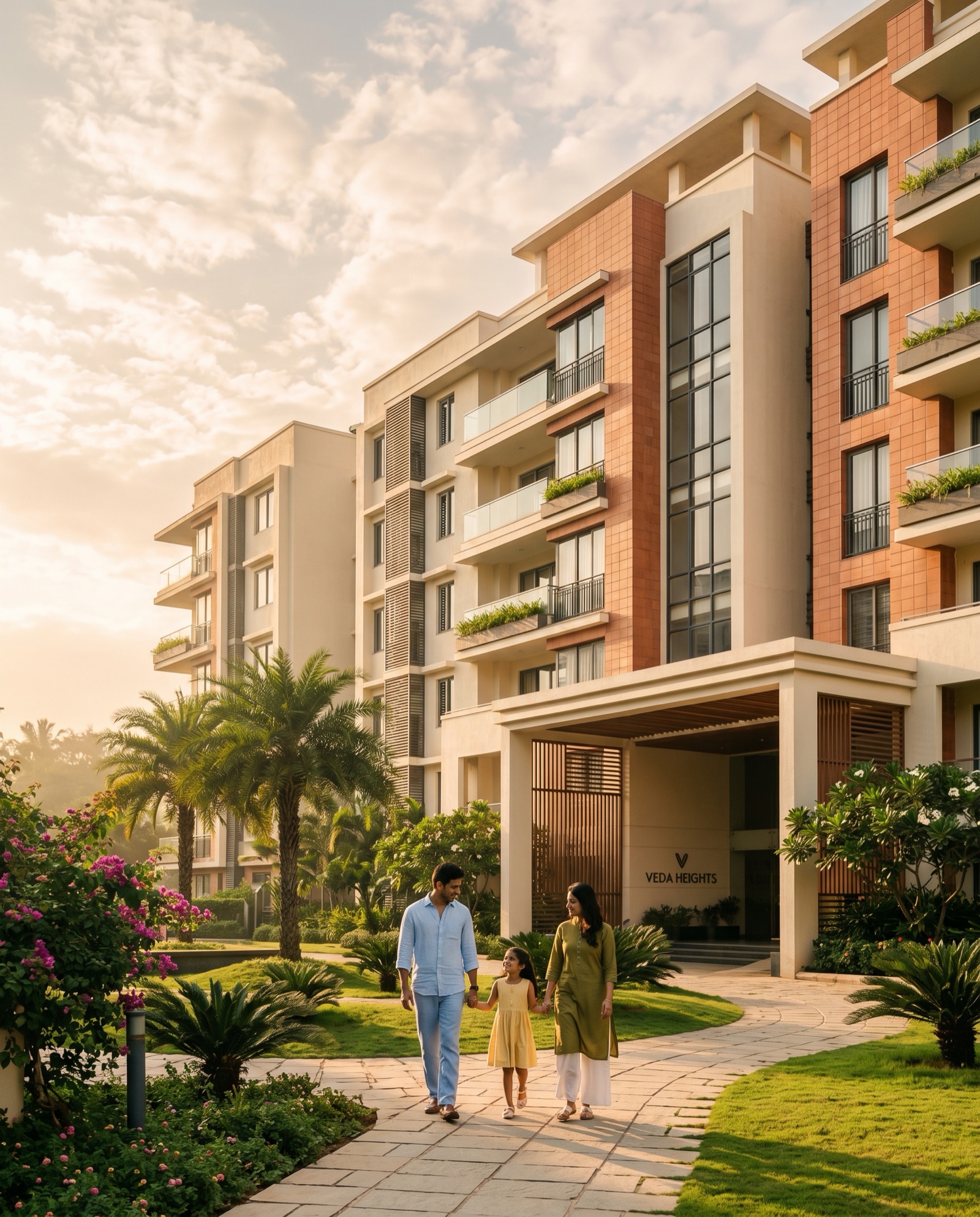 A young family walking toward their modern residential community in Hyderabad
